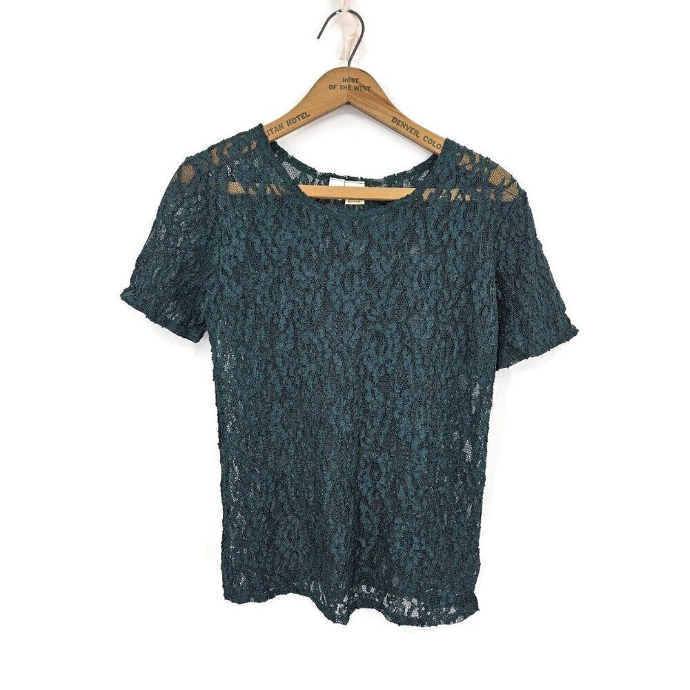VTG Victorias Secret Hunter Green Sheer Lace Top Womens XS Blouse Shirt 90s